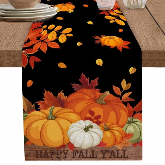 nqOlkjepod Thanksgiving Fall Table Runner 60 Inches Long Farmhouse Dress Scarves, Farmhouse Orange Green Pumpkin Leaves Dining Tablerunner for Coffee Table/Kitchen Island/Party Décor, 13" x 60"