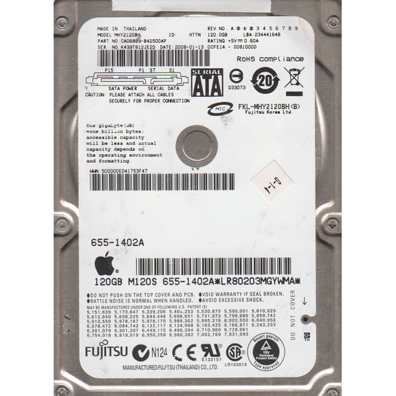 MHY2120BH, PN CA06889-B42500AP, Fujitsu 120GB SATA 2.5 Hard Drive