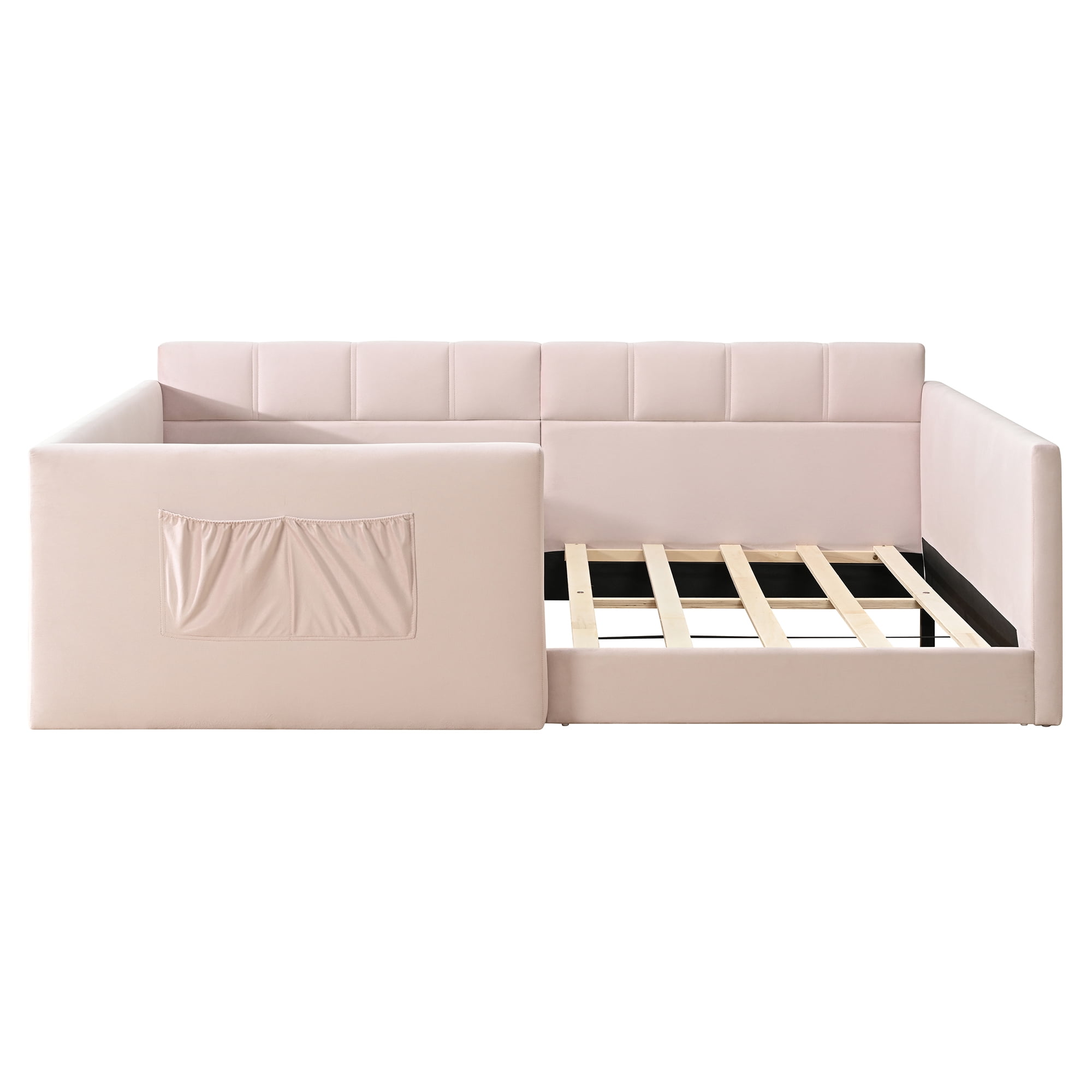 Twin Size Velvet Daybed with Storage Pockets and Walk-In Entrance, Upholstered Sofa Bed with High Side Panels for Guest Room and Small Spaces, Pink