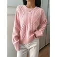 thumbnail image 5 of Women'S Oversized Cable Knit Crewneck Sweaters Pink M, 5 of 7