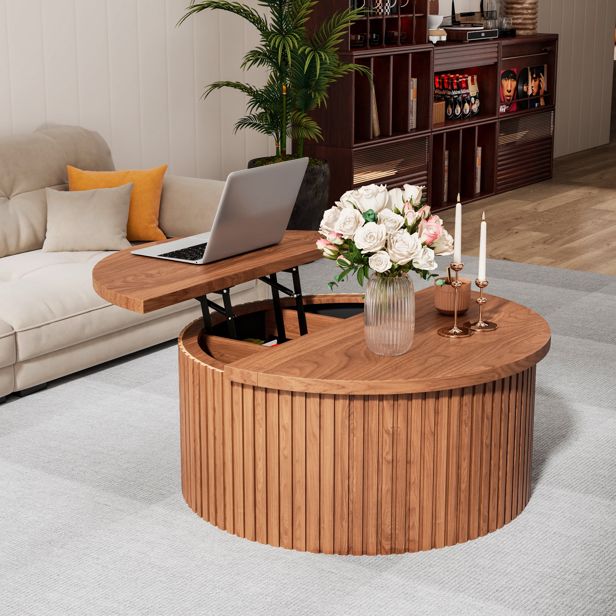 Round Lift Top Coffee Table with Storage Farmhouse Center Table with Hidden Compartment Circle Sofa Table for Living Room Walnut