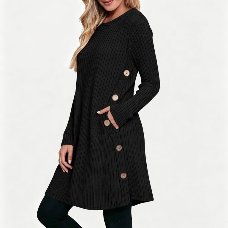 casual jersey midi dress Sevevn Women's Crew Neck Long Sleeve Tunic Side Pockets Loose Swing Solid Dress Black S, Size: Small fit Midi & Maxi