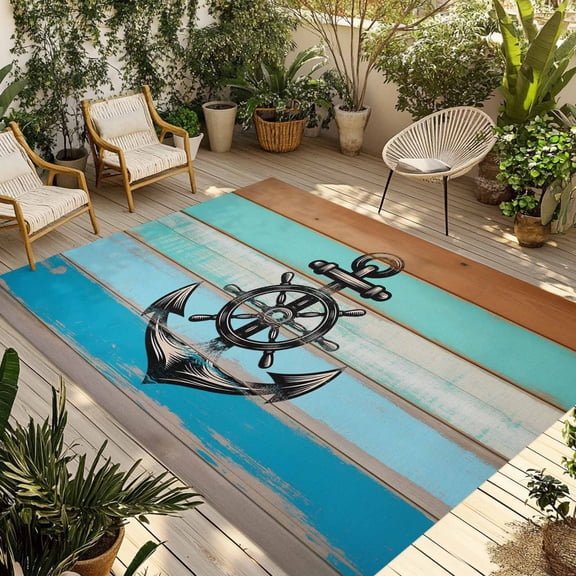 Nautical Anchor Outdoor Rug for Patio/Deck/Porch, Non-Slip Large Area Rug 6 x 9 Ft, Retro Blue Brown Wooden Boards Farmhouse Indoor Outdoor Rugs Washable Area Rugs, Camping Rug Carpet Runner