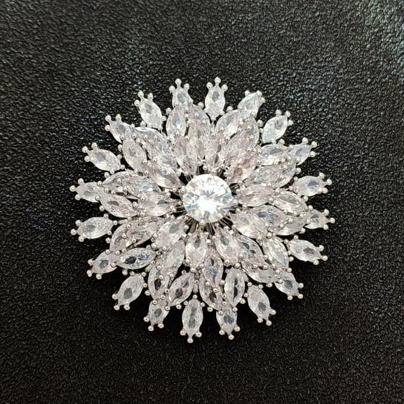 Flower Clear Cubic Zirconia Brooch, Silver-toned, 1.81 Inches