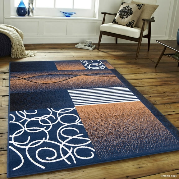 Allstar Navy Area Rug. Contemporary. Abstract. Traditional. Formal. Shapes. Spirals. Circles (7' 7" x 10' 6")