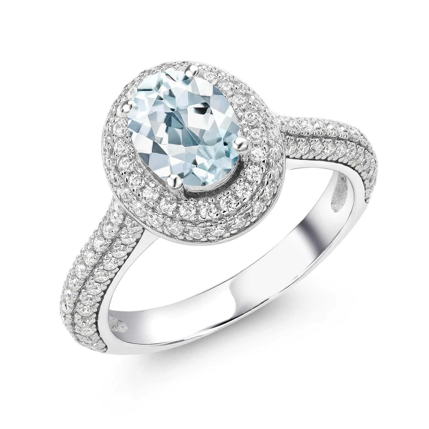 Gem Stone King 925 Sterling Silver Oval Sky Blue Aquamarine and White Moissanite Engagement Ring for Women (1.84 Cttw, Gemstone Birthstone, Available in Size 5, 6, 7, 8, 9)