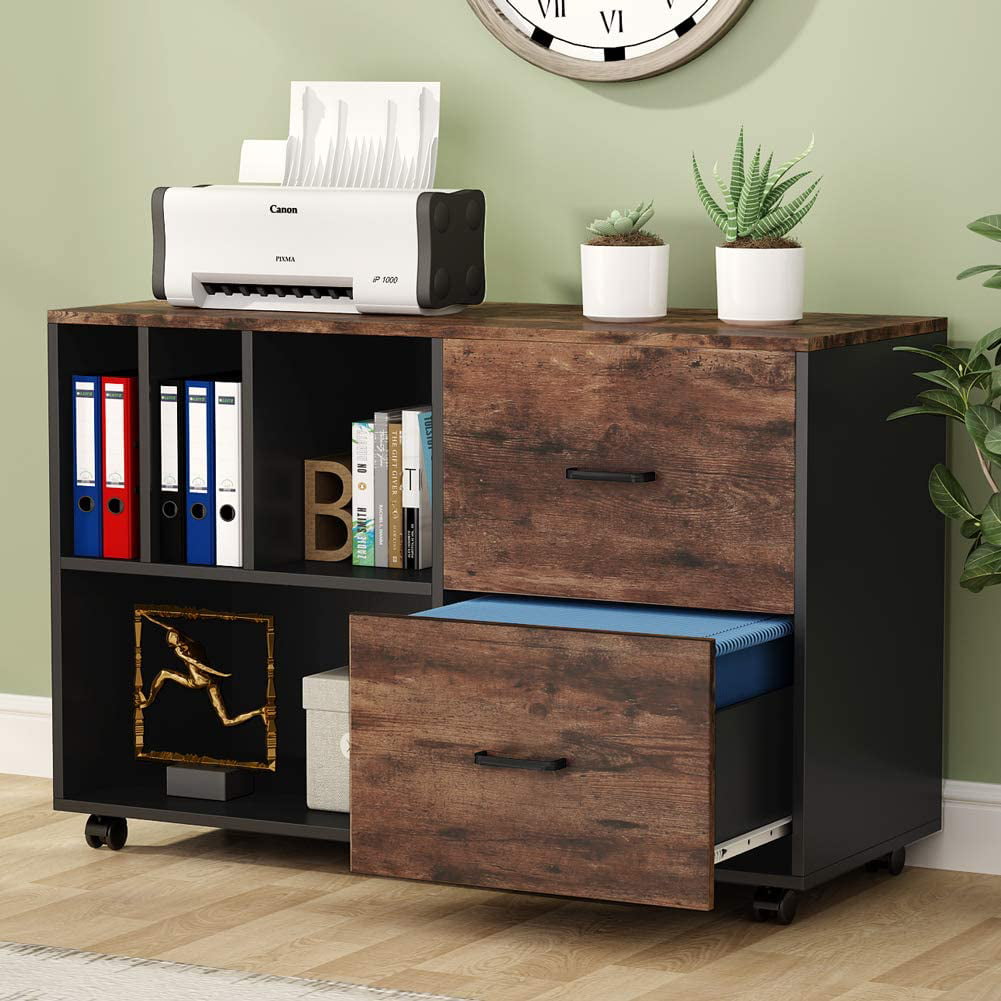 Tribesigns Rustic File Cabinet with 2 Drawers Printer Stand with Open Storage Shelves and Letter Size/A4 Size Drawer for Home Office Black & Brown Lateral Filing Cabinets 