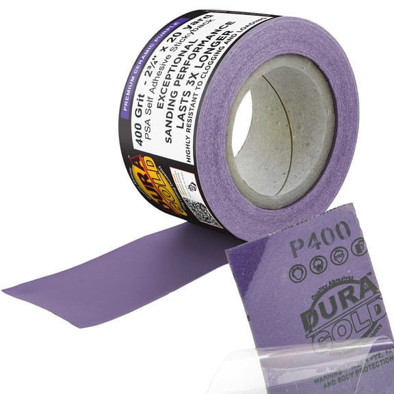 Dura-Gold Premium 400 Grit PSA Purple Film Ceramic Longboard Sandpaper, 2-3/4" Wide Continuous 20 Yard Roll - Self Adhesive Stickyback for Auto & Wood Air File Long Board Sanders