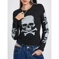 thumbnail image 5 of Women's Spring Autumn Slim Tops Black Long Sleeve Round Neck Skull Print T-shirt Slight Color, 5 of 9