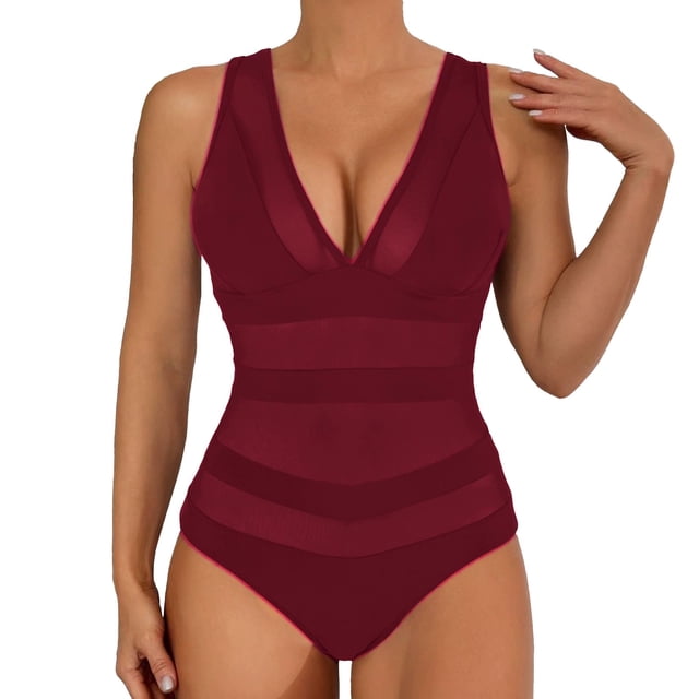 MDUKONU Maillot de Bain une-Pièce à Col Licou en V pour Femme One Piece Froncé Rouge m