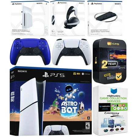 Sony PlayStation 5 Astro Bot Slim Digital Bundle with Disc Drive, Pulse Elite Headset, Extra Controller, Vertical Stand, MightySkins Game Collection Services and 2 Year Extended Warranty - Cobalt Blue