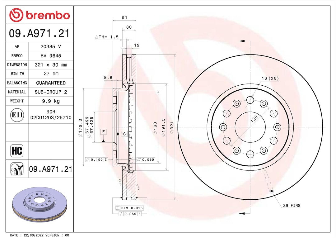 Brembo 09A97121C02; Brake Rotor; Vented; One Piece Design; Wheel Bolt Pattern 6 x 120 Millimeter; High Carbon Cast Iron; Single