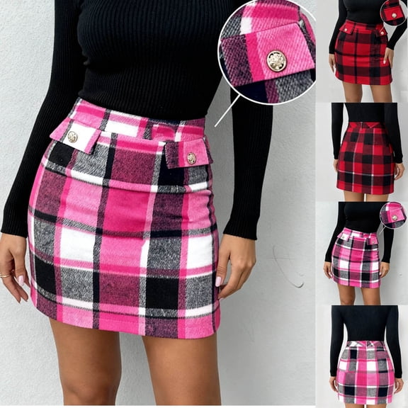 HVOBTTY Womens A Line Mini Skirts, Skirt for Women, Womens Casual Plaid Print High Waist Button Pocket Zipper Daily Mini Skirt Hot Pink, XL