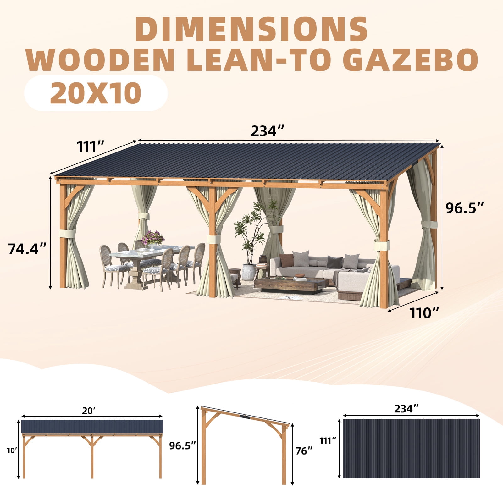 YODOLLA, Outdoor Wood Gazebo, 20'x10', Hardtop Cedar Pergola