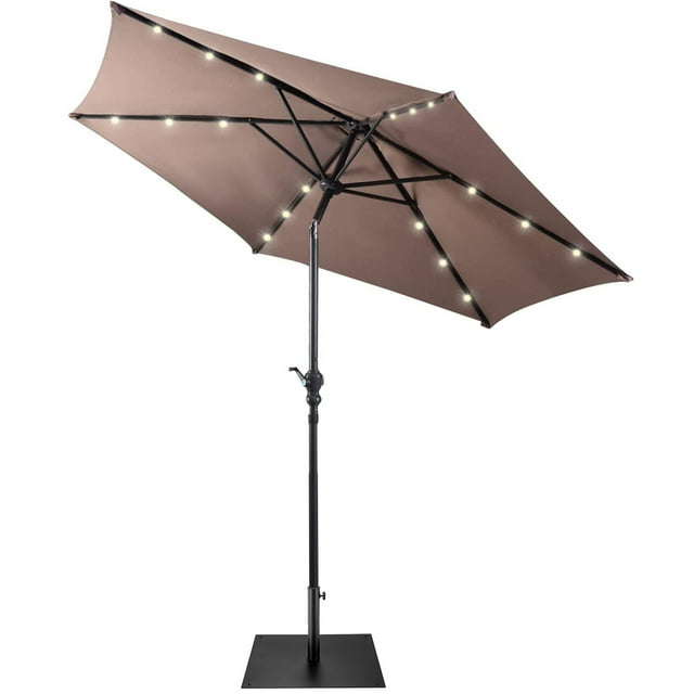Gymax Parasol de Marché pour Table de Patio de 9 Pi avec 18 Lumières DEL Solaires et Base Robuste, Beige