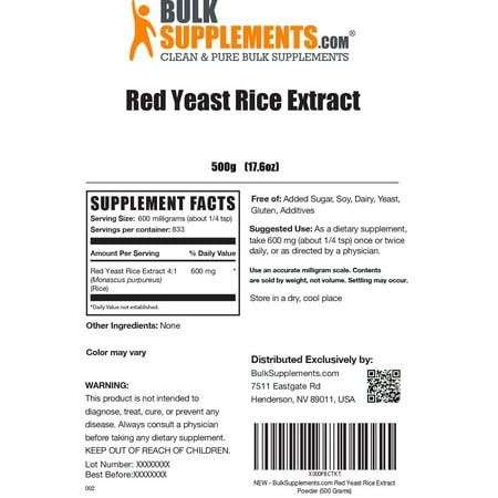 BulkSupplements Organic Red Yeast Rice Extract Powder - 500mg per Serving - 500 Grams (1.1 lbs) - 1000 Servings