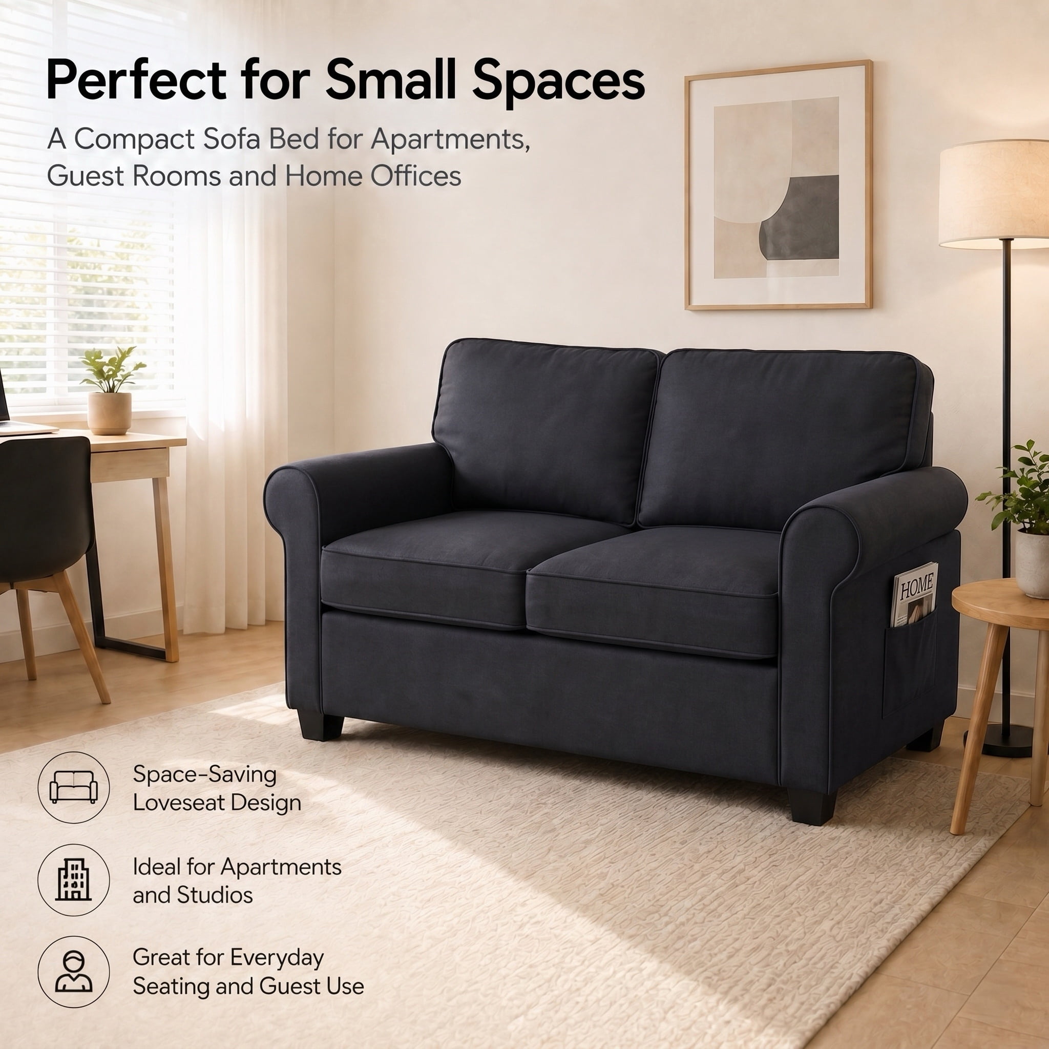 IDEK Pull Out Sofa Bed, 2-in-1 Convertible Loveseat Sleeper Couch with Side Pockets, Black