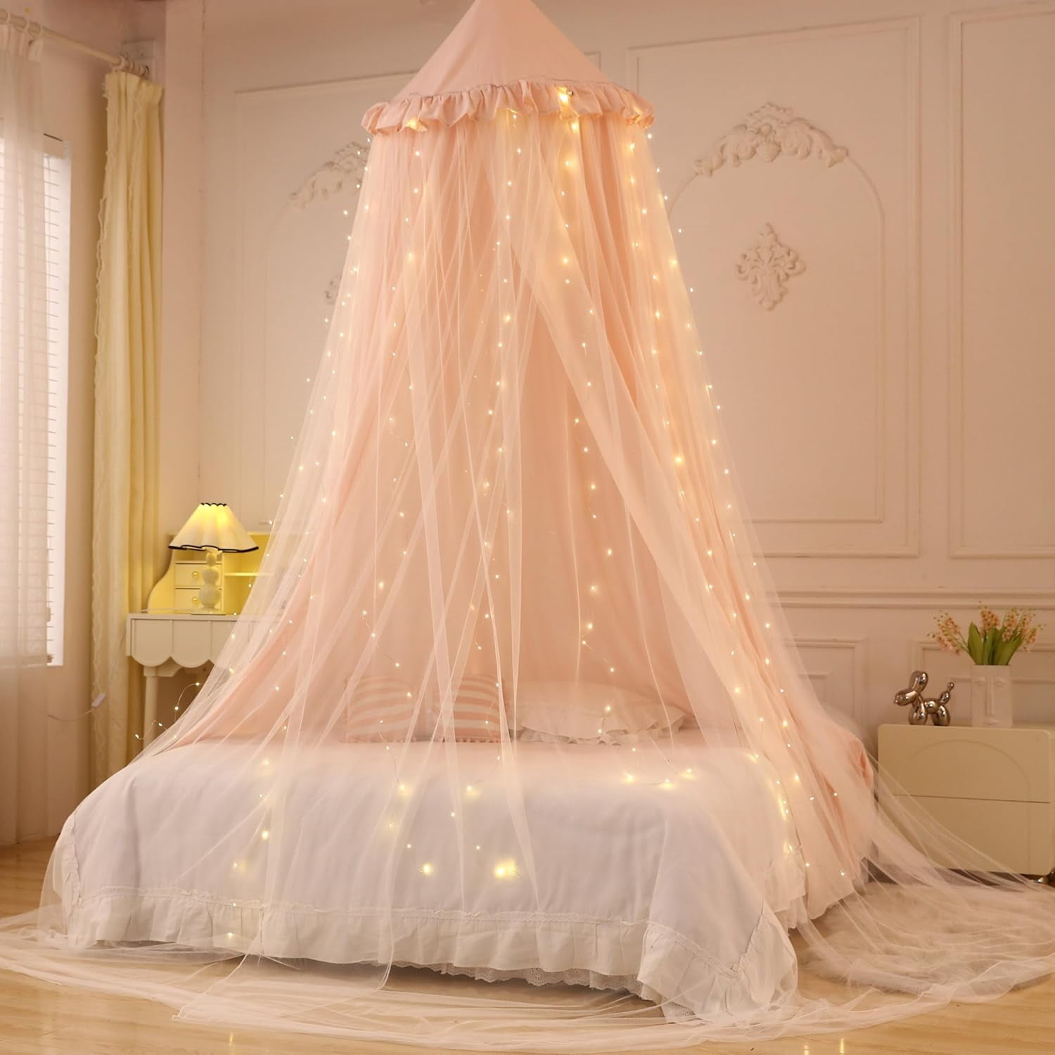 Princess Bed Canopy for Girls, Double Layer Canopy with 250pcs Warm White Curtain Lights, Fits Twin/Full Bed - Fairy Bed Tent for Kids Room Decor,Pink