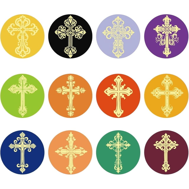 120 pegatinas de lámina dorada de 12 estilos, cruces de 5 cm, pegatinas de colores, etiquetas redondas autoadhesivas para repujado.