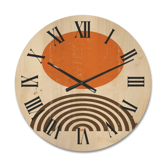 Designart 'Abstract Minimal Rainbow and Orange Sun I' Modern Wood Wall Clock
