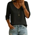 thumbnail image 2 of BODOAO Women's V Neck Sweater 3/4 Sleeve Lightweight Knit Pullover Loose Fit Soft Casual Fall Spring Fashion Top for Women Office Work Everyday Wear Clothing Black L, 2 of 4