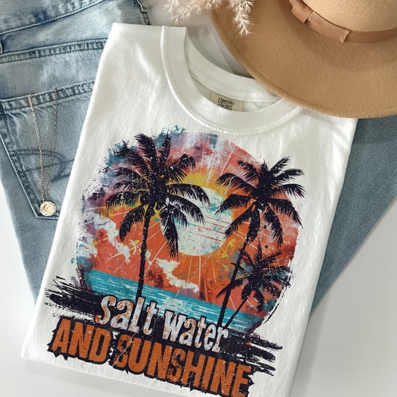 Salt Water and Sunshine T-Shirt, Retro Summer Sublimation Design, Palm and Sun Shirt, Trendy Beach Summer Tee