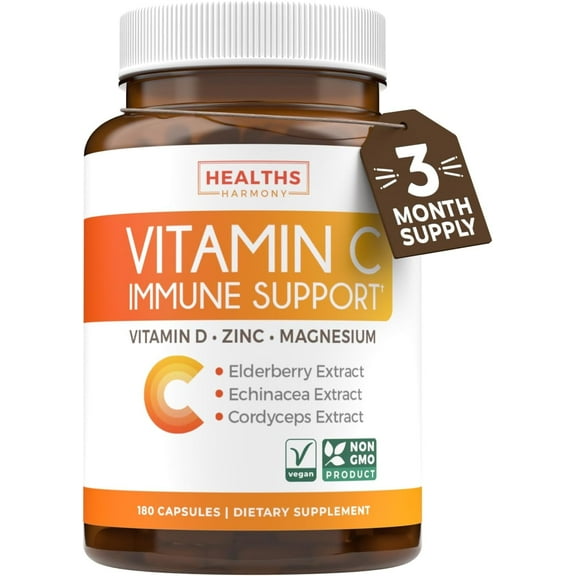 Healths Harmony Vitamin C immune Support Supplement with Zinc, Vitamin D, & Magnesium, 180 Caps