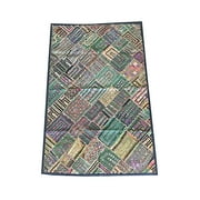 Mogul Vintage Patchwork Tapestry Handmade Embroidered Kutch Mirror Work Table Throw Bohemian Wall Decor