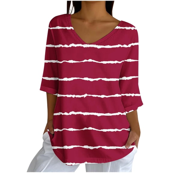 Ashirexll Tops for Women Trendy, Womens Casual Tops, Casual Print Loose 3/4 Sleeve V Neck Blouse Shirt for Ladies Fashion
