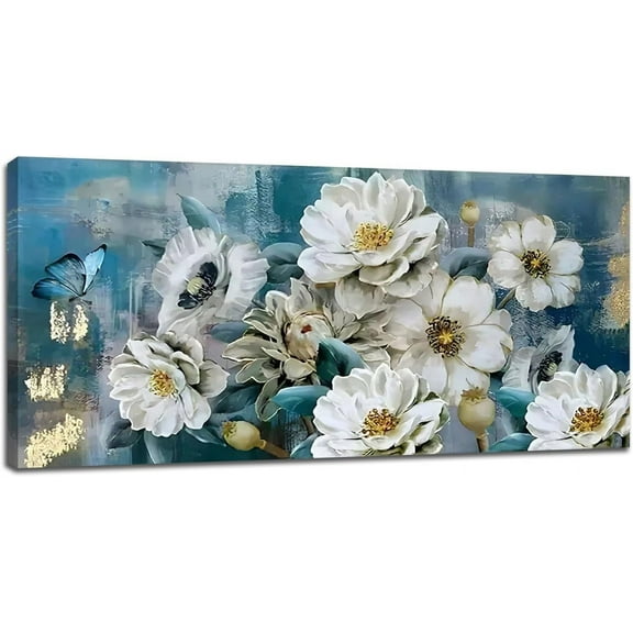 WFSposter-Floral Nature Large Wall Art White Gold Flower Pictures Wall Decor Blooming Canvas Teal Painting Modern Artwork Home Decoration for Living Room Bathroom Bedroom Office