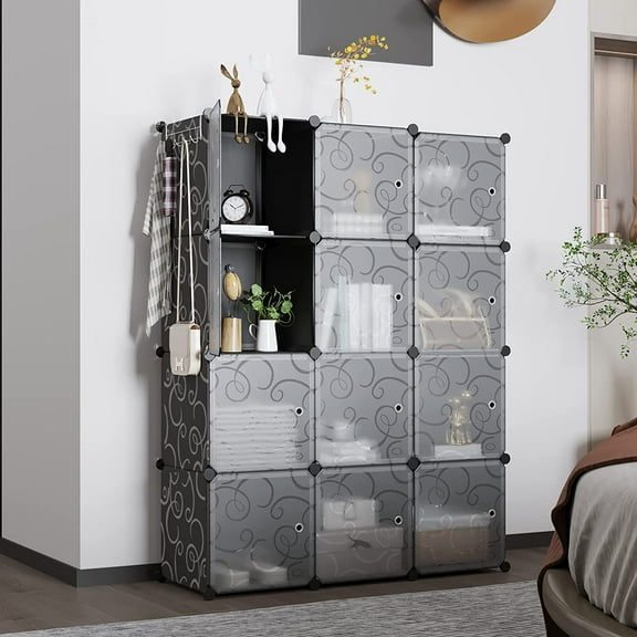 Cube Storage Organizer with Doors, 12-Cube Shelves, Closet Cabinet, Plastic Modular Bookshelf, Black