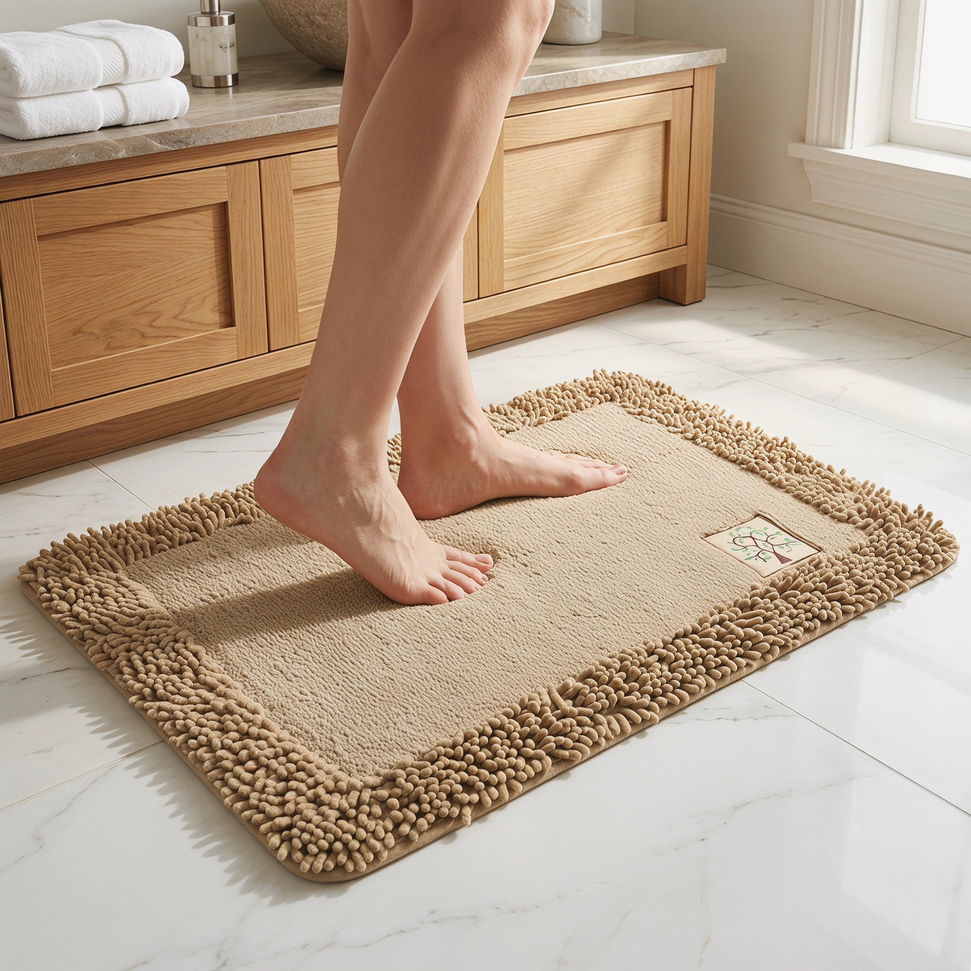 Unique Bargains Chenille Non Slip Bath Mat Ultra Soft Absorbent Shower Rug Beige 24" x 16"