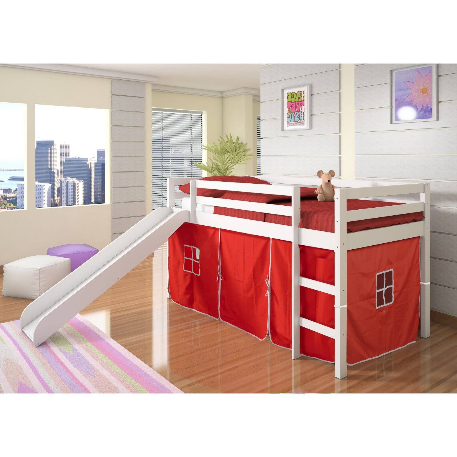 Donco Kids Twin Loft Bed Slide Wood Frame with Camo Tent White/Green