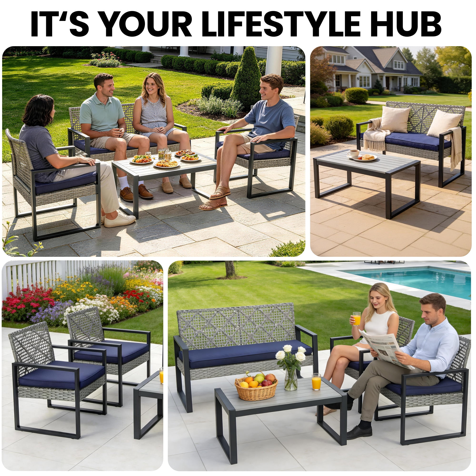 Segmart Patio Conversation Set for Outdoor, 2025 Upgrade 4-Piece Conversation Furniture Set w/Loveseat Sofa, 2 Single Sofas, Coffee Dining Table and Padded Cushions, Max Weight 705 lbs, Light Gray