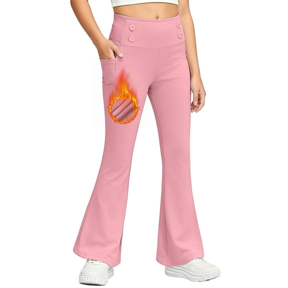 Cethrio Girls Winter Leggings Size 7-8, Stretch Thermal Dancing Elastic Waist Flare Pants with Pockets Pink