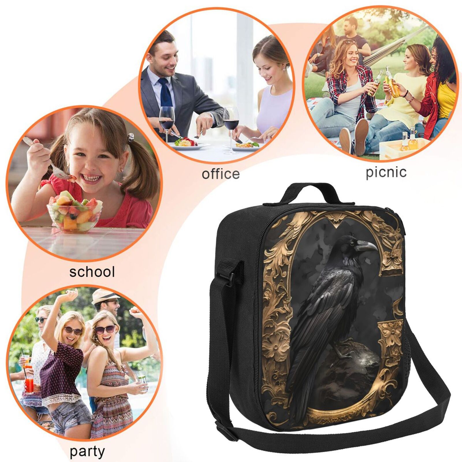 Ratiio Gothic Raven Portrait Print Lunch Box - Reusable Lunch Bag Men Adult Women- Insulated LunchBox