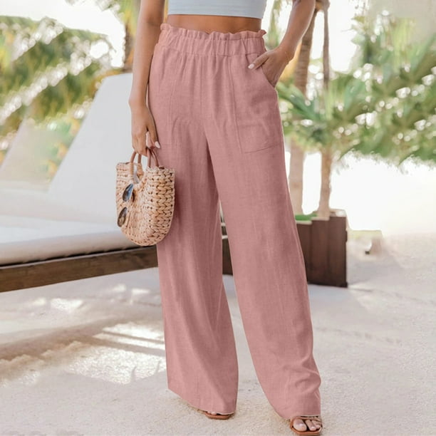 Womens Pants Dressy Casual Work Cotton Linen Straight Leg Drawstring  Elastic Waist Loose Comfy Palazzo Trousers, 0025, Small : :  Clothing, Shoes & Accessories