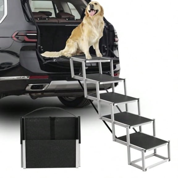 Dog Stairs for Large Dogs - 5 Step Wide 16in High 34in Foldable Dog Ramp for Car Non-Slip Surface port up to 230lbs - Suitable for SUVTruck Sofas Bed