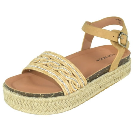 TOP MODA Shoes Women Platform Espadrille Sandals Ankle Strap Flat footbed Buckle up Bling Rhinestone ATHENS-1 Camel Beige 7