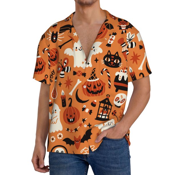 Fotbe Halloween 2 Camisa Estampada de Manga Corta para Hombre, Casual de Verano, Estilo Playero, Sin Arrugas-Large