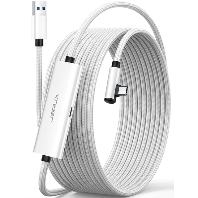 JSAUX Link Cable con Carga de 5M, compatible con Oculus Meta Quest 3S/3/2/Pro y Pico 4, PC VR, Accesorios de Steam VR, 2-en-1 Alto Velocidad 5Gbs USB3.0 a USB C para Auriculares VR