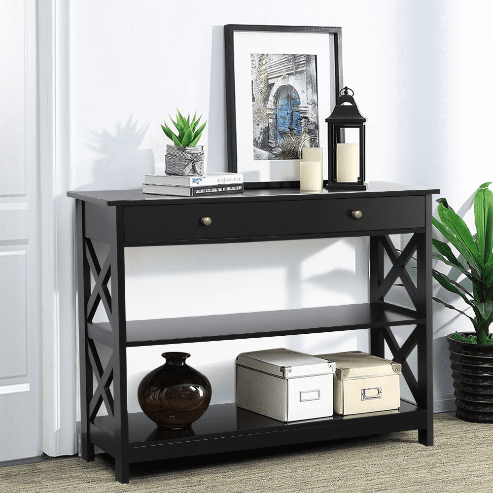 FullFurnique Versatile Entryway Table with 1 Drawer and 2 Open Shelves, Black