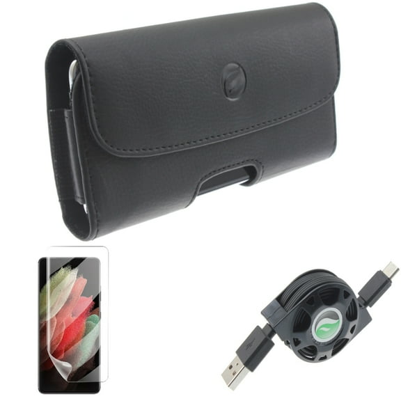 Matte Screen Protector & USB Cable & Case Belt Clip for Samsung Galaxy S21 Ultra Phone - TPU Film Anti-Glare & Retractable Type-C & Leather Holster Accessory Bundle