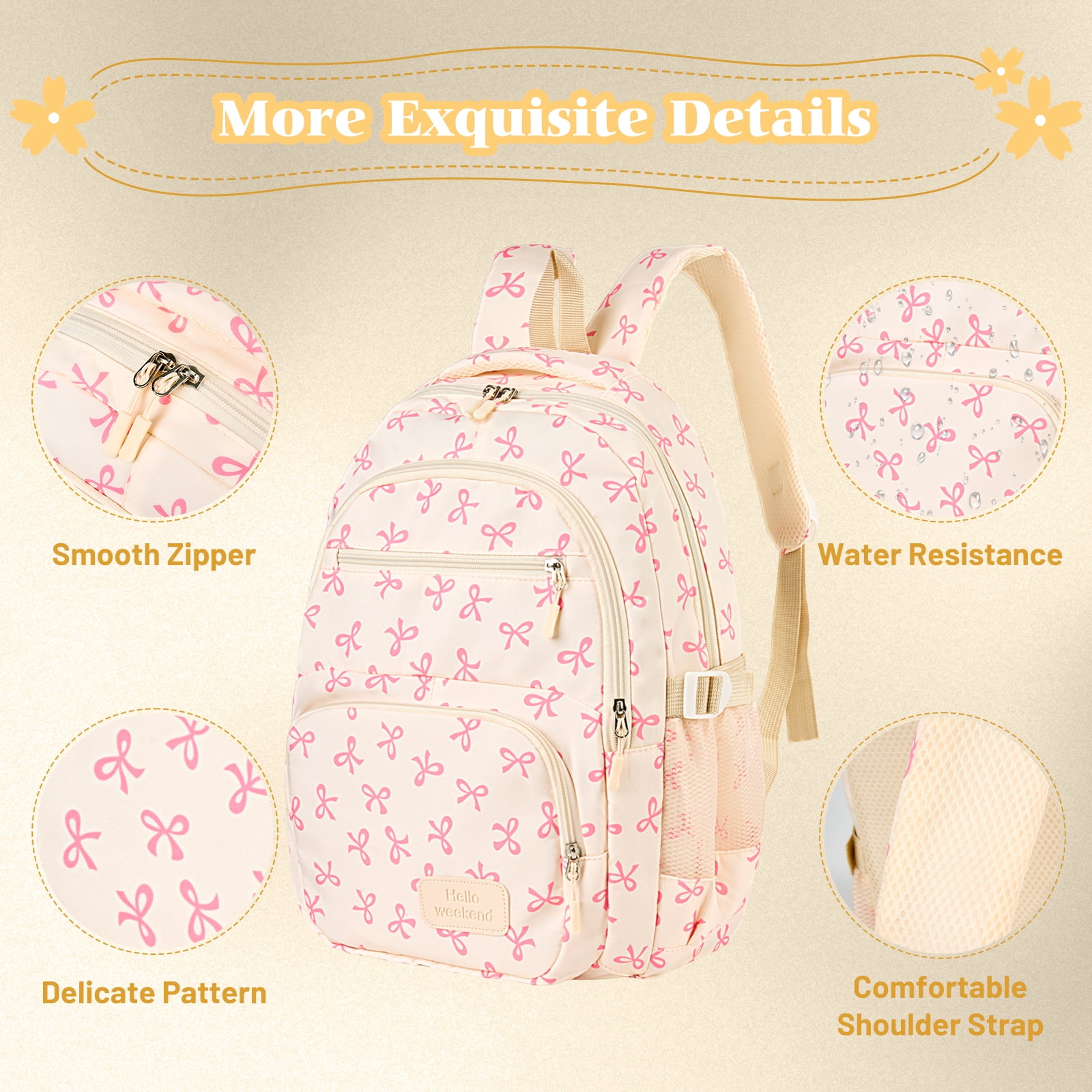 Dakimoe School Backpack Set with Cute Bow, Lightweight Bookbag - Pink, Perfect for Elementary & Middle School  Ages 4-12