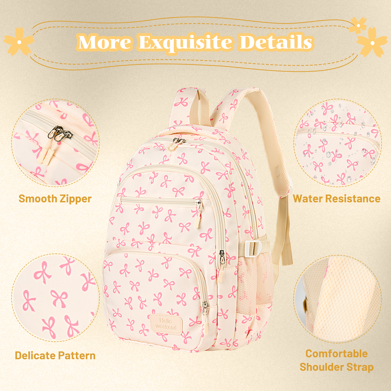 DAKIMOE Girls 3-Piece Backpack Set with Bow, Pink photo 3