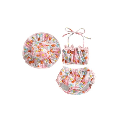

Infant Baby Girl 3Pcs Swimsuits Summer Printed Bandage Halterneck Sleeveless Tops Beach Shorts Hat