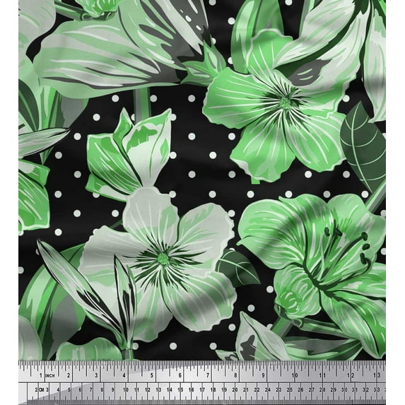 Soimoi Polyester Crepe Fabric Dot & Lily Flower Printed Fabric 1 Yard 52 Inch Wide