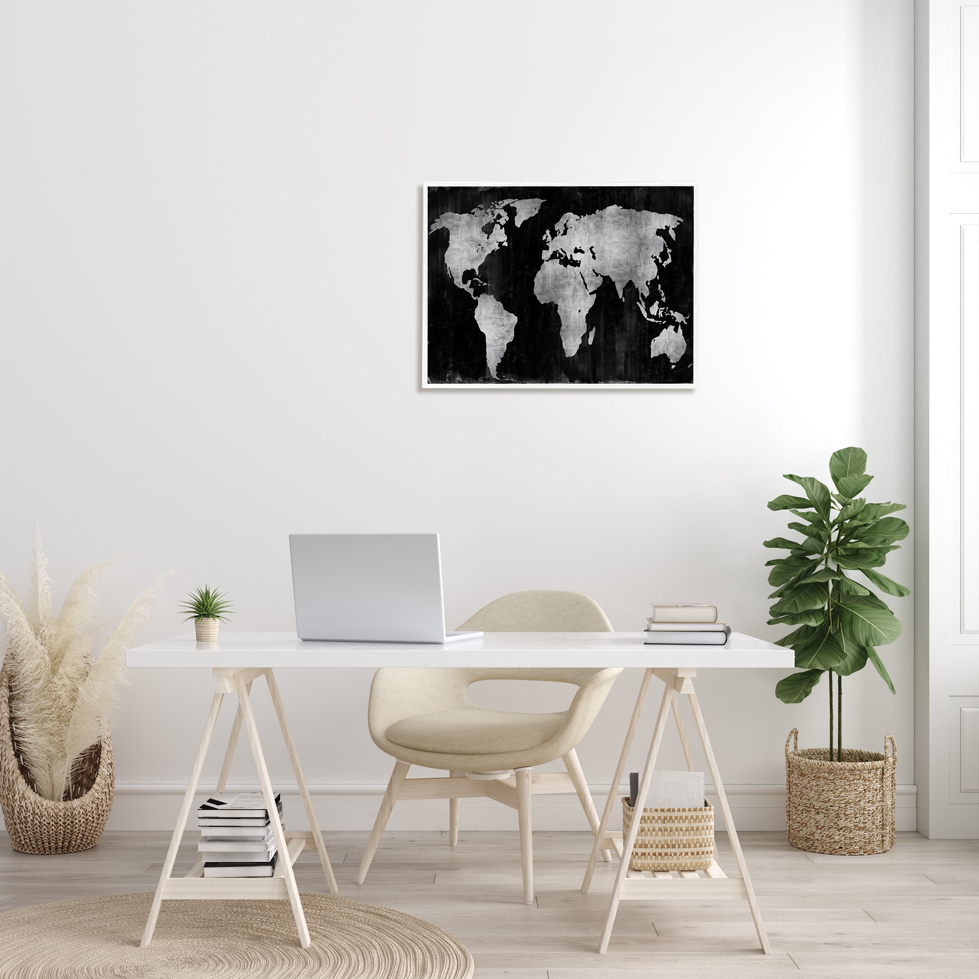 Stupell Weathered Black World Map Travel & Places Painting White Framed Art Print Wall Art