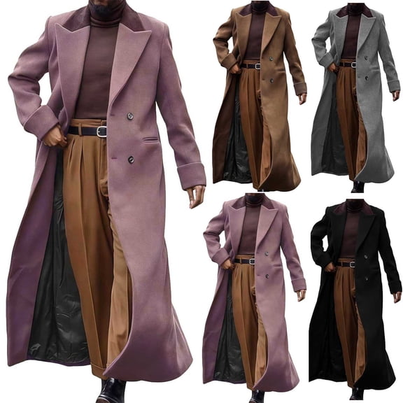 RYDCOT Men's Casual Woolen Trench Coat Slim Fit Notched Collar Long Jacket Overcoat Single Breasted Pea Coat wih Pockets Purple