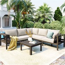 JERFIT 6-Person Outdoor Acacia Wood Patio Furniture Sets with Coffee Table, L-Shaped Sectional Sofa Couch with Beige Cushions and Adjustable Feet for Garden, Poolside